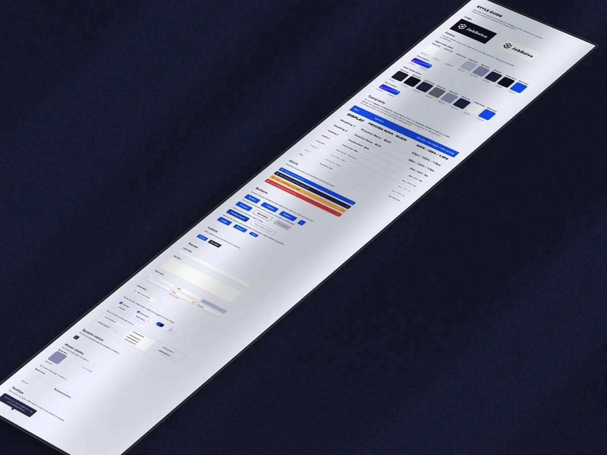 JobSolve design system met kleuren, typografie en UI-componenten.