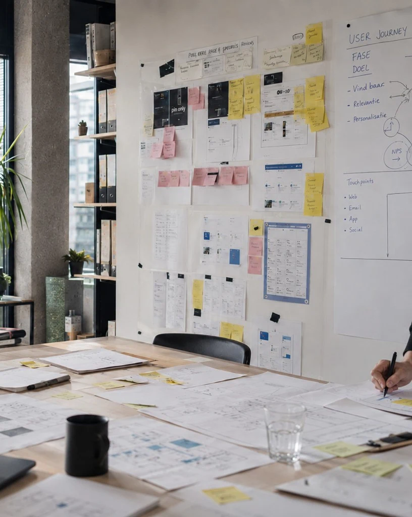 UX-onderzoekswerkplek met wireframes, user journey en sticky notes aan de muur.