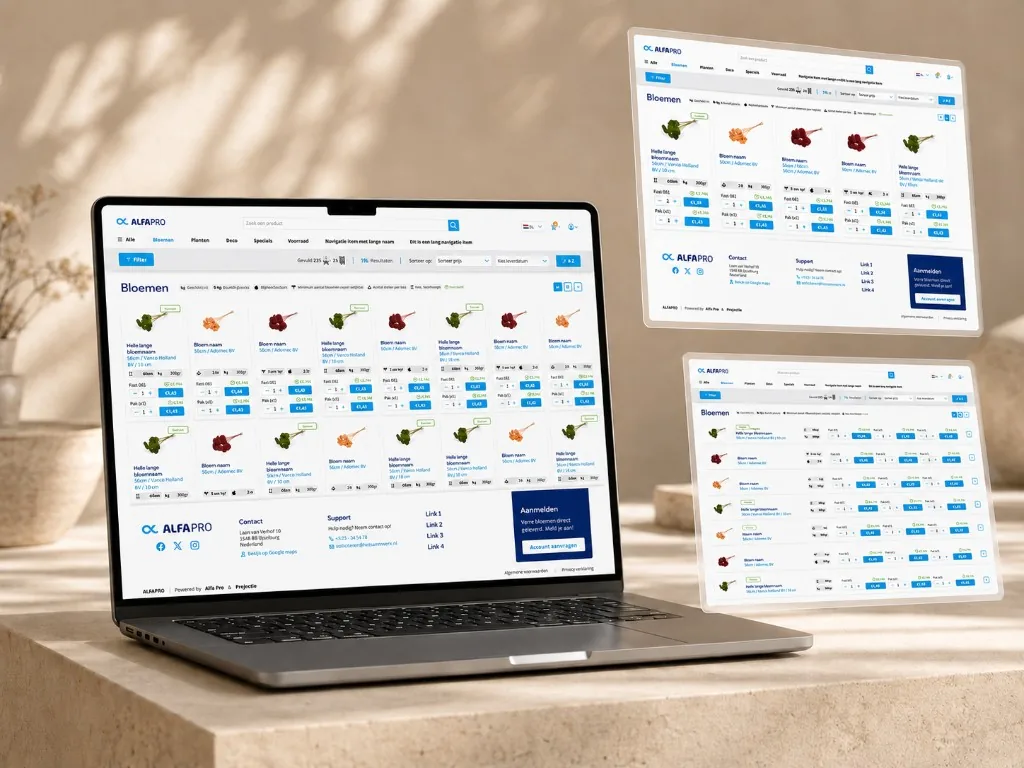 Alfa Pro met Large Grid, Small Grid en List view op laptop en tablet
