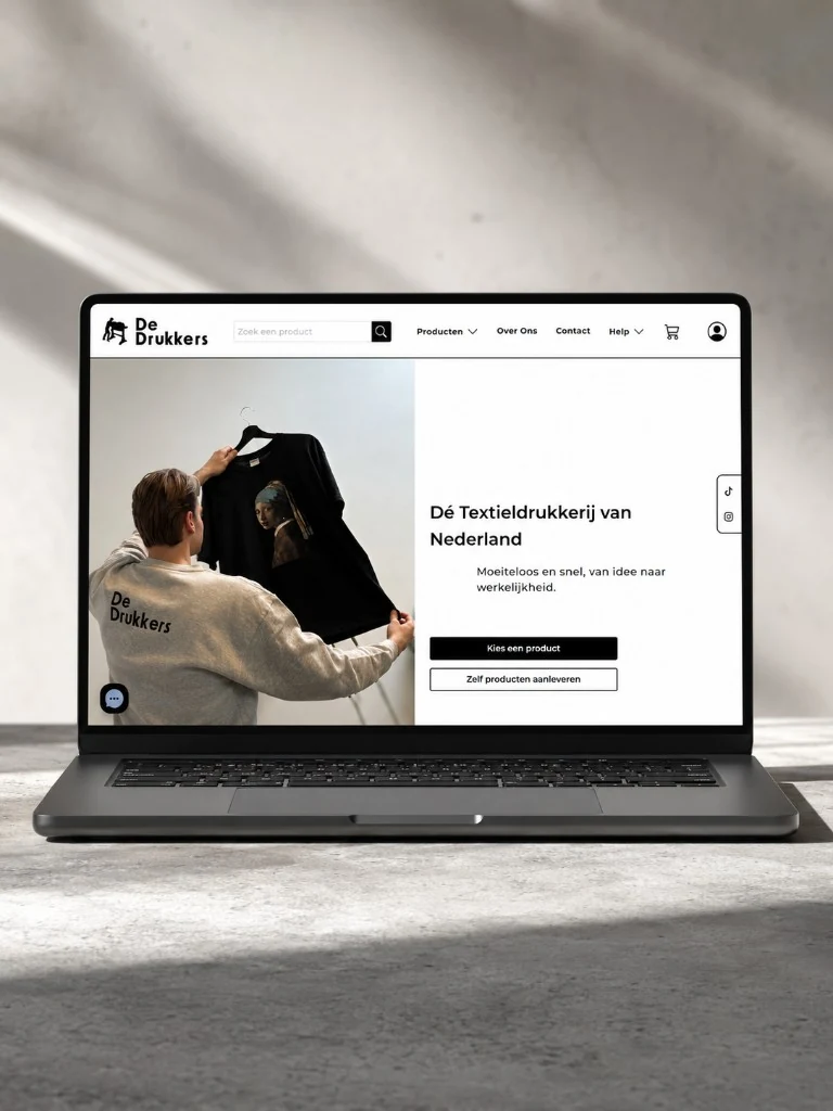 De Drukkers textieldrukkerij website mockup op laptop.